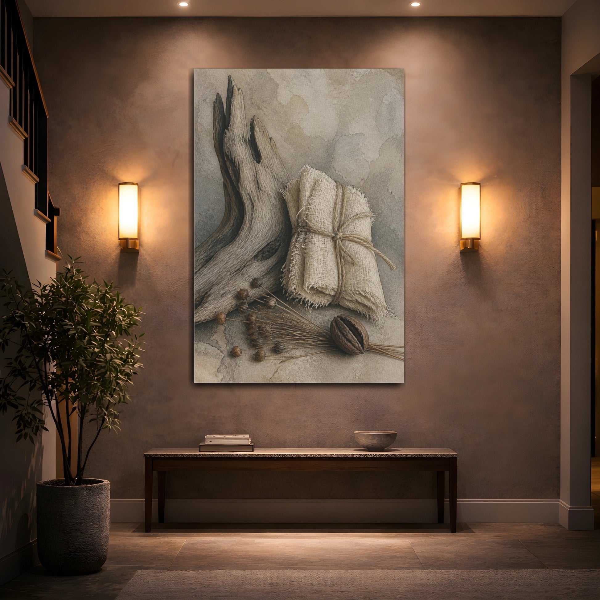 Mockup 2. Wabi Sabi Driftwood Still Life shown as canvas print