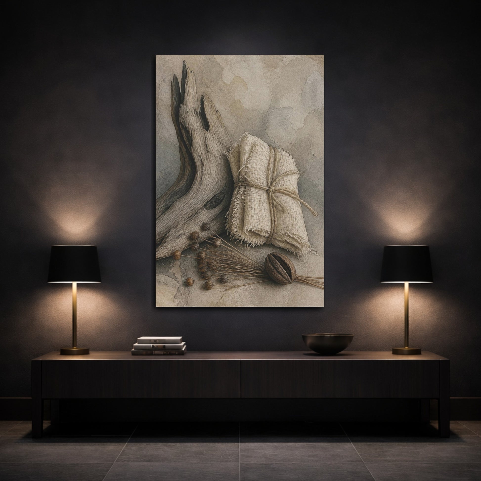 Mockup 3. Wabi Sabi Driftwood Still Life shown as canvas print
