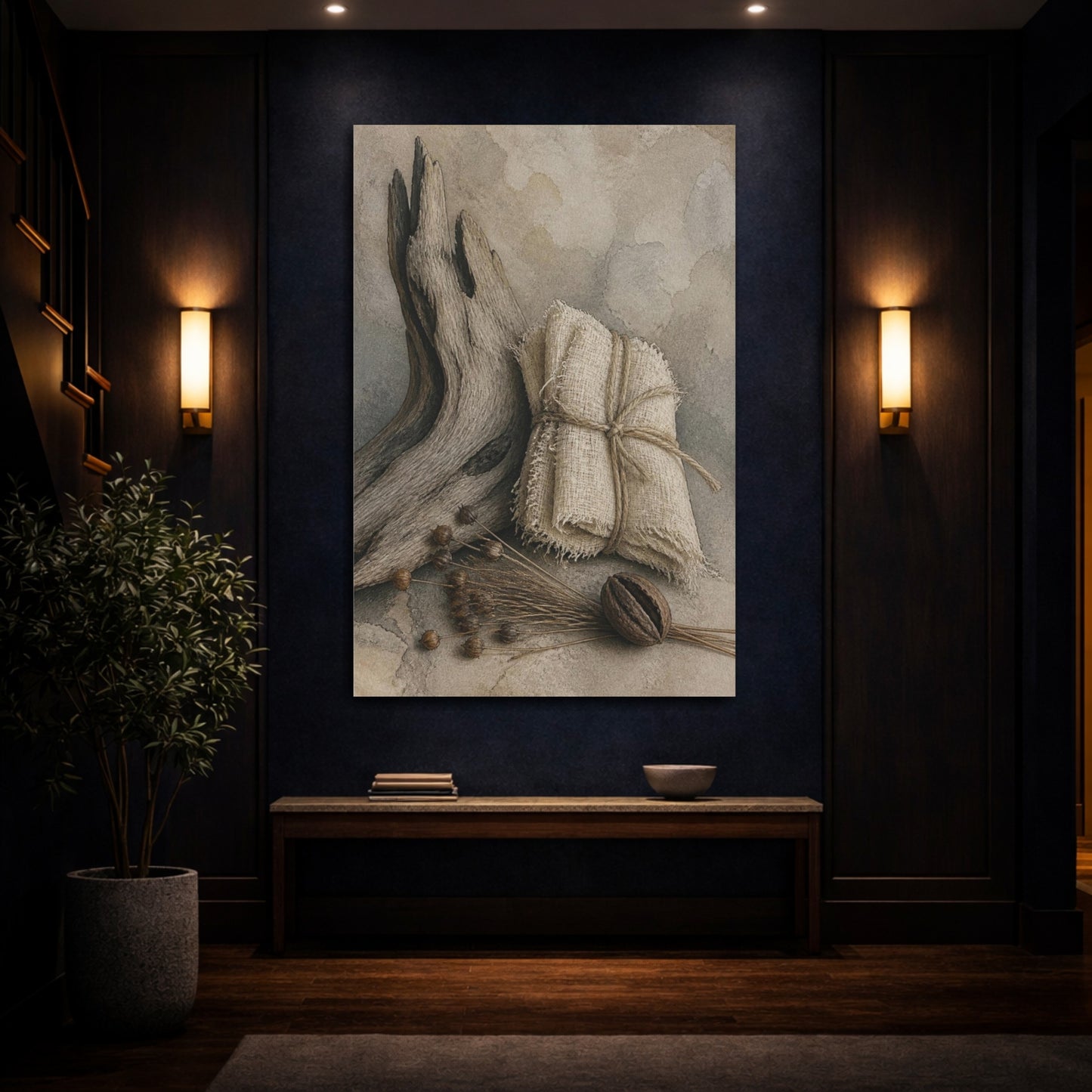 Mockup 4. Wabi Sabi Driftwood Still Life shown as canvas print