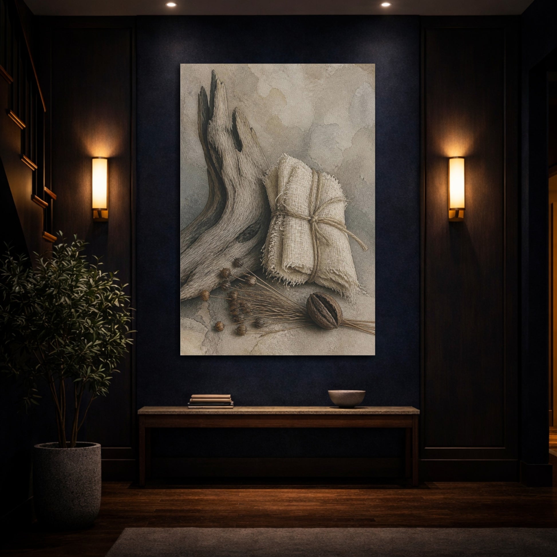Mockup 4. Wabi Sabi Driftwood Still Life shown as canvas print