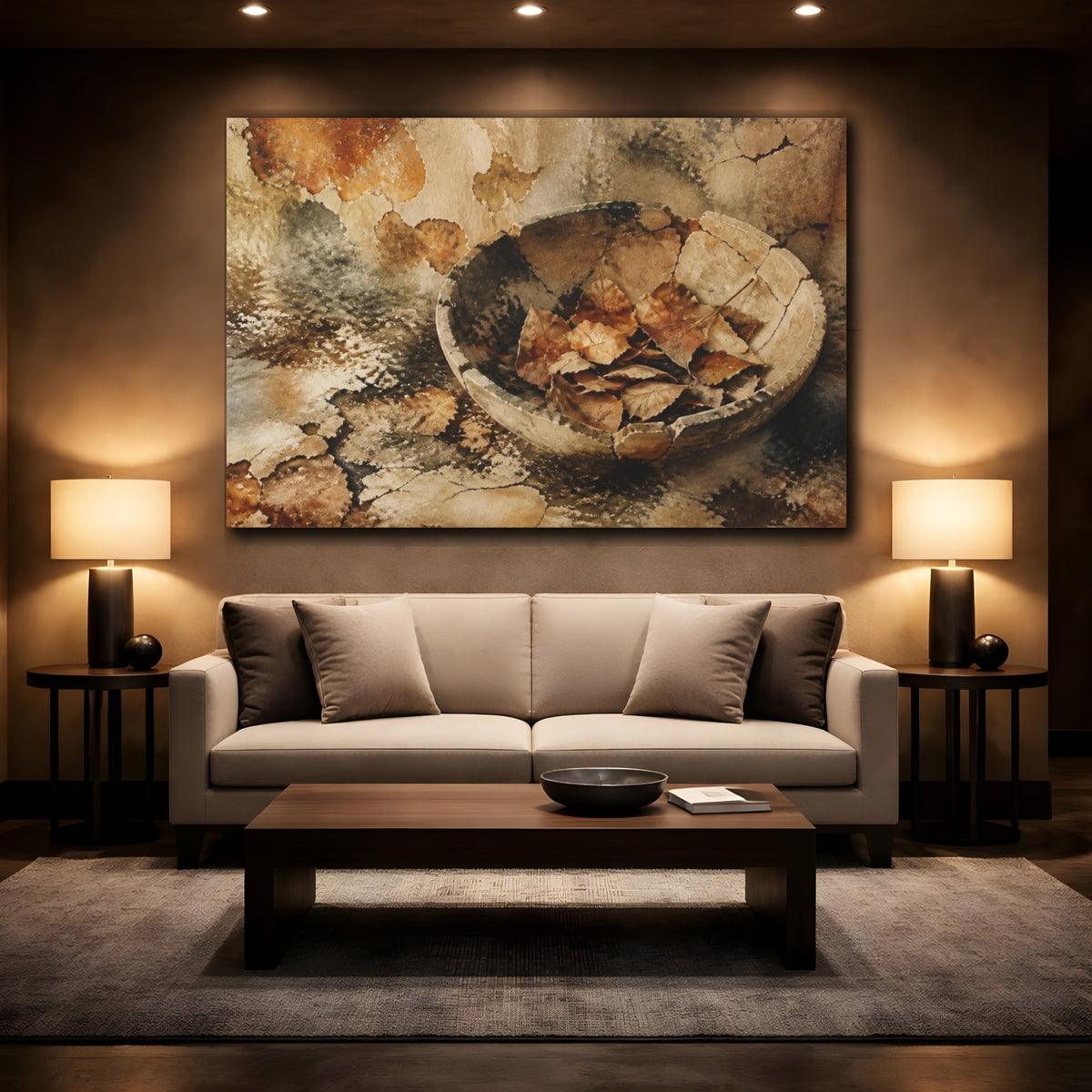 Mockup 2. Wabi Sabi Dry Leaves shown as canvas print