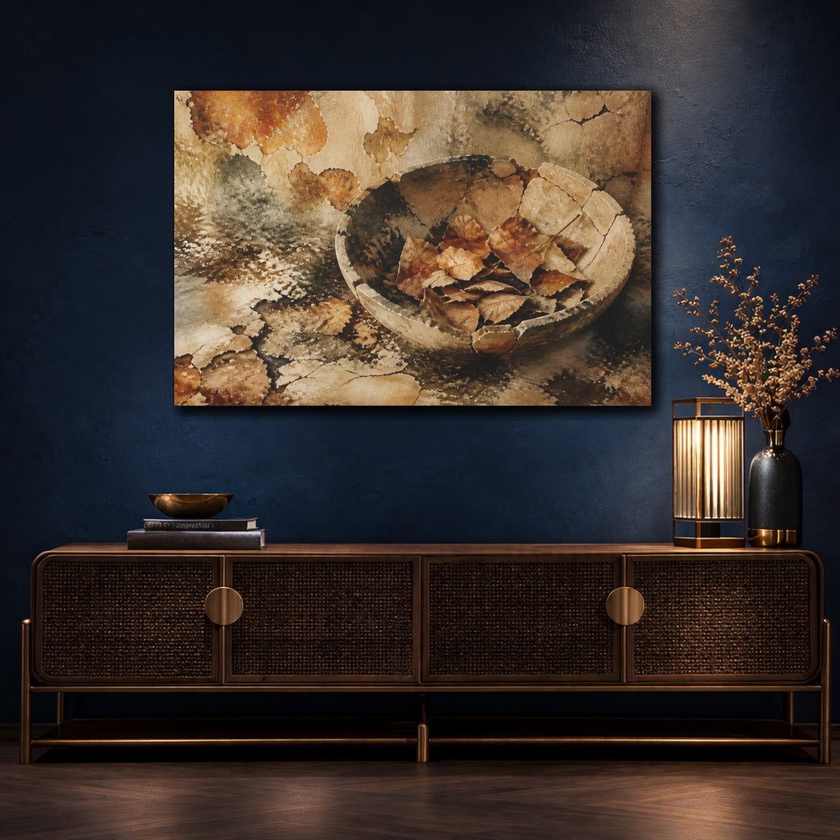 Mockup 4. Wabi Sabi Dry Leaves shown as canvas print
