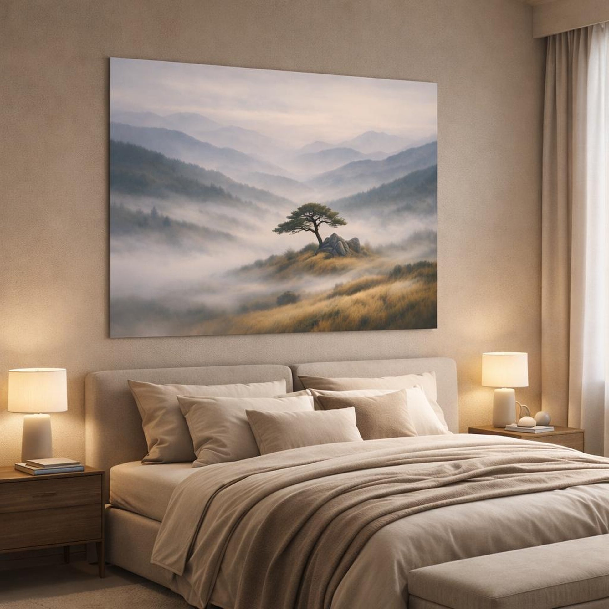Wabi Sabi Forest Mountains shown as canvas wall art in a luxury bedroom