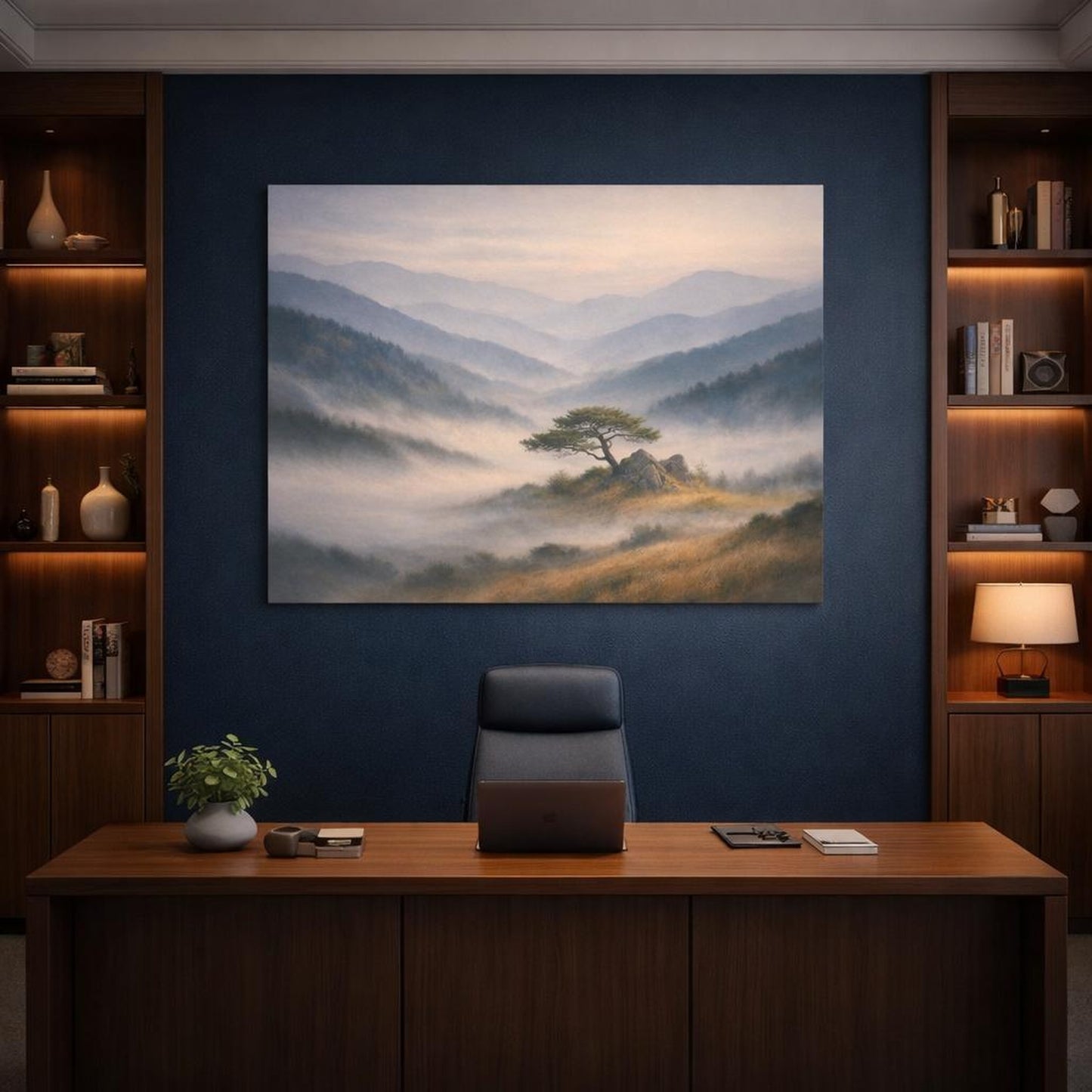 Wabi Sabi Forest Mountains shown as canvas wall art in a refined dining room
