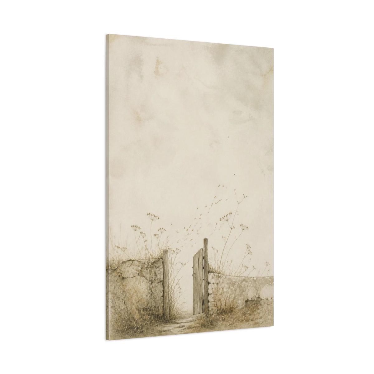 Side Mockup 1. Wabi Sabi Garden Gate shown as canvas print