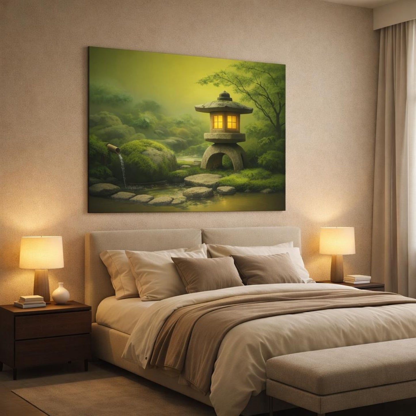 Wabi Sabi Garden Greenery shown as canvas wall art in a luxury bedroom