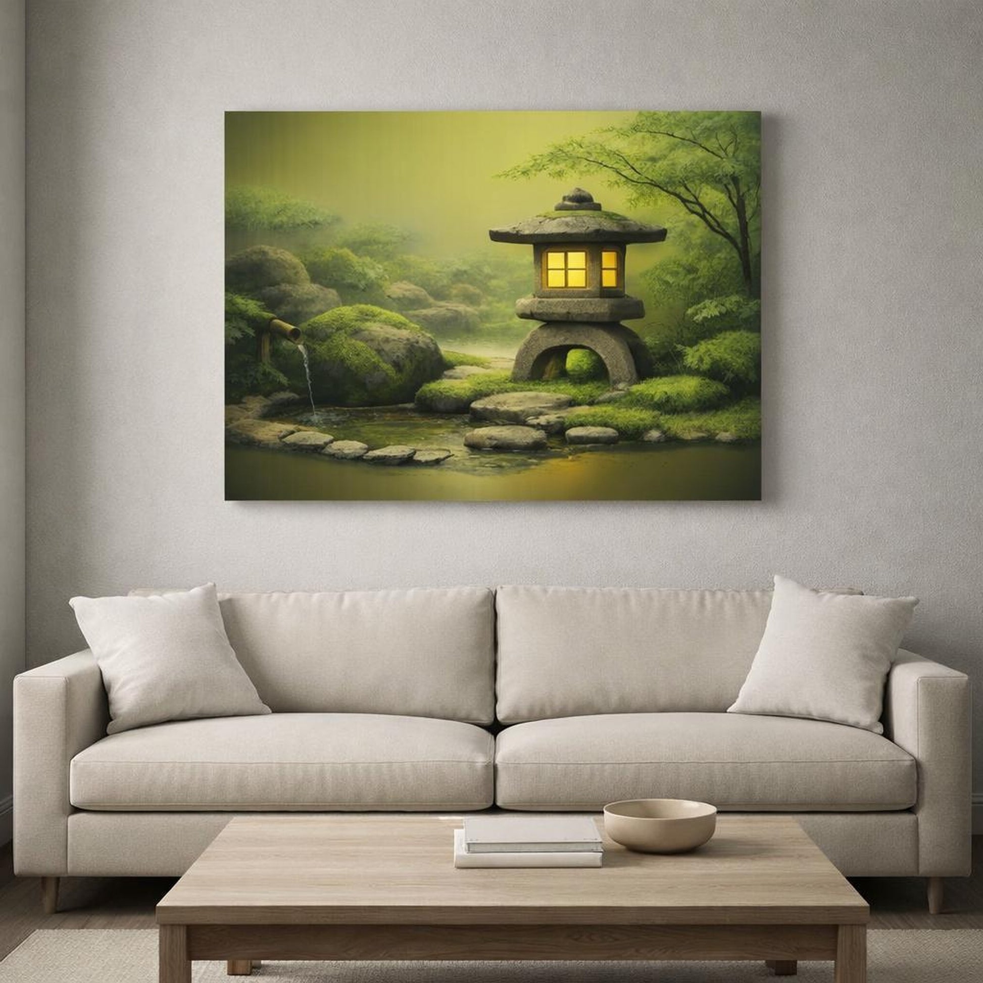 Wabi Sabi Garden Greenery shown as canvas wall art in a refined dining room