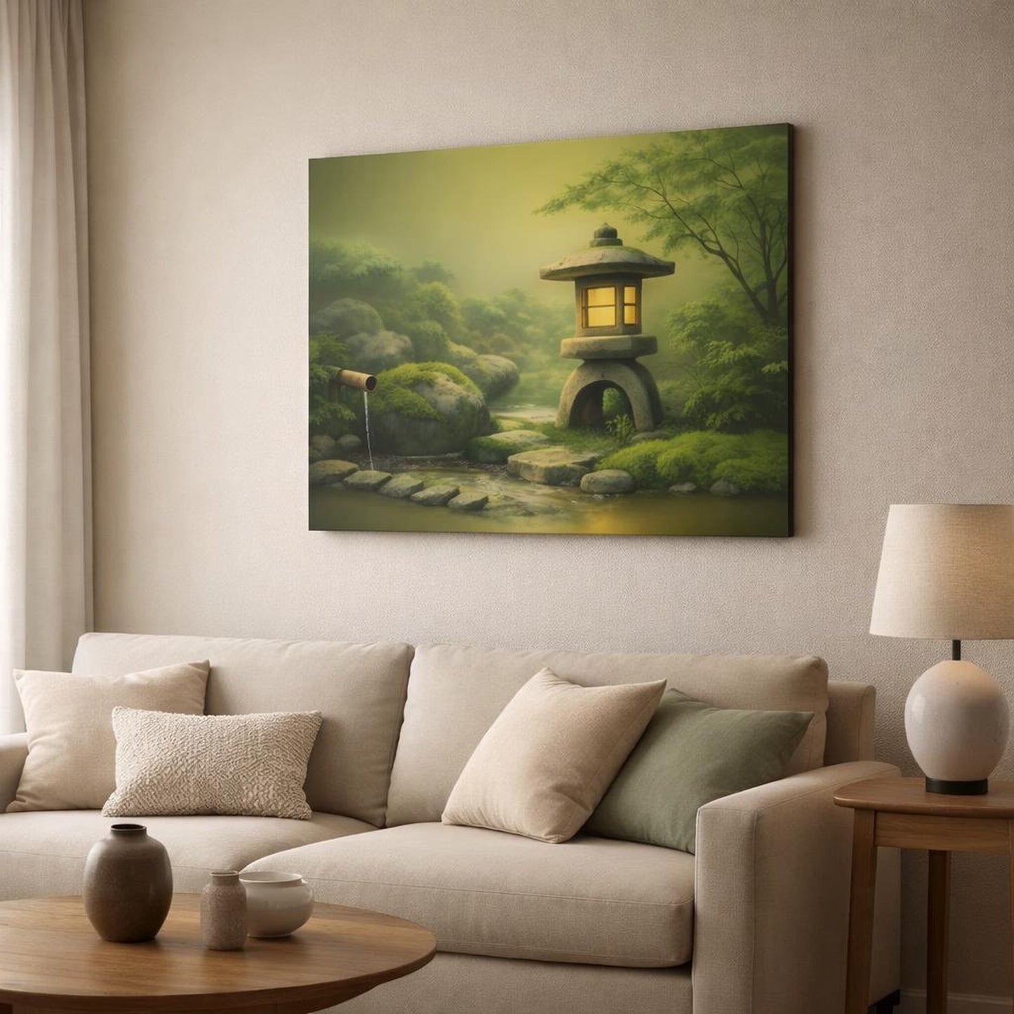 Wabi Sabi Garden Greenery shown as canvas wall art in a modern living room