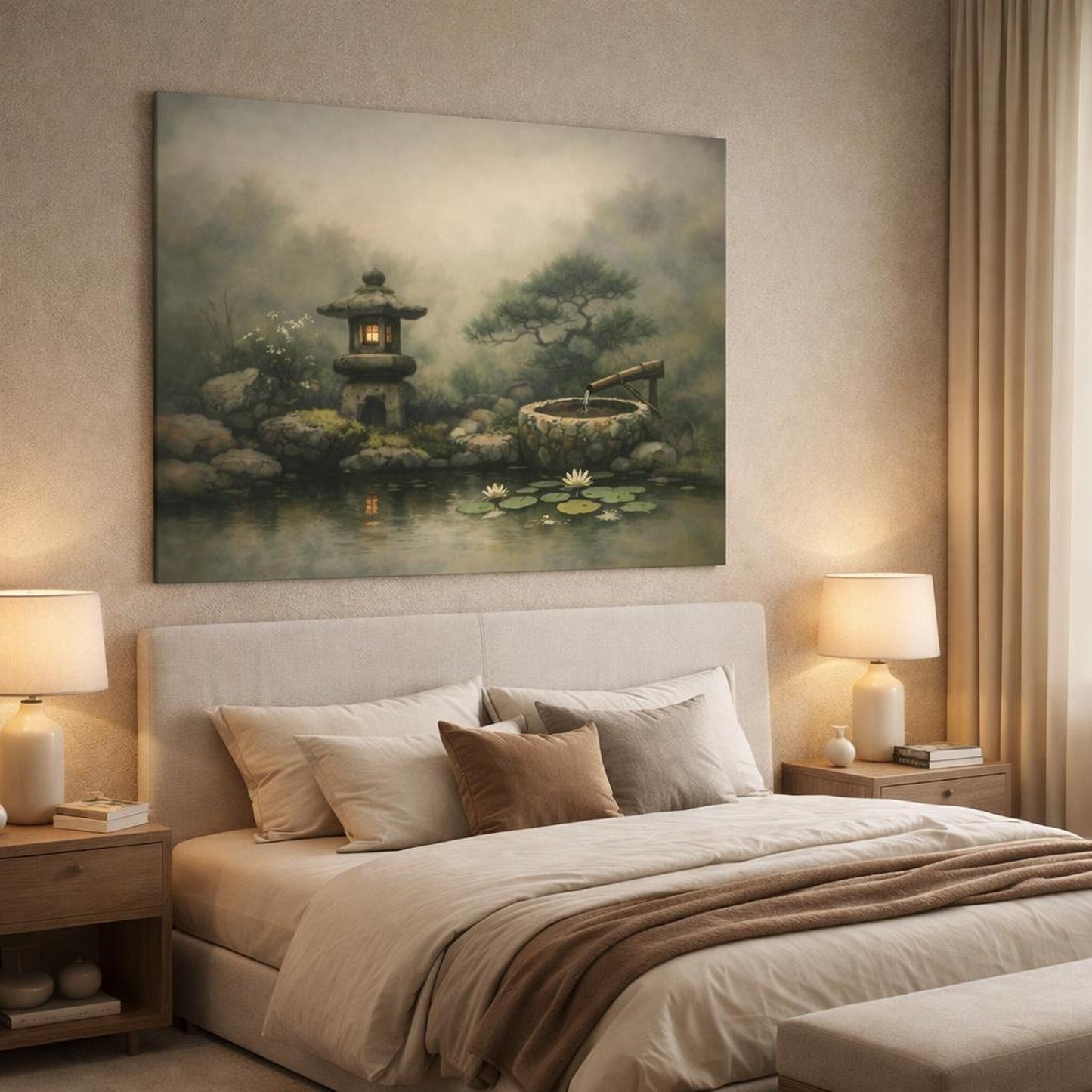 Wabi Sabi Garden Romantic shown as canvas wall art in a luxury bedroom