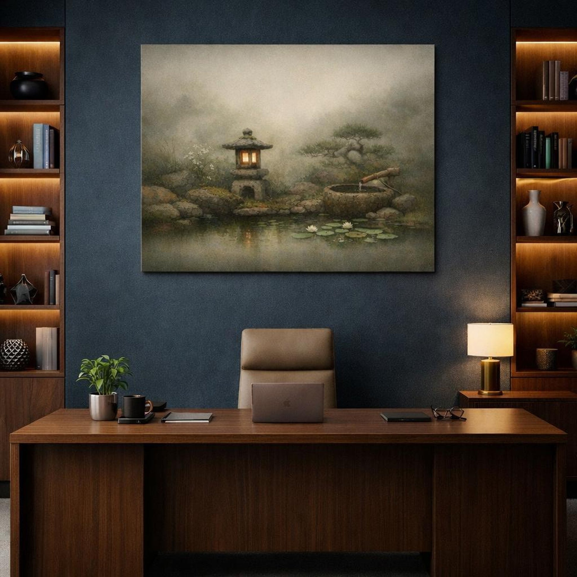 Wabi Sabi Garden Romantic shown as canvas wall art in a luxury executive office