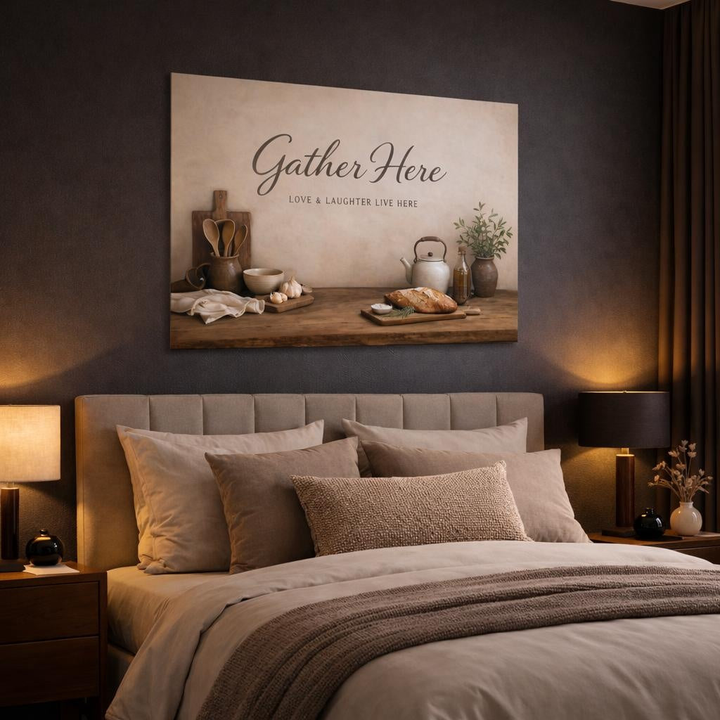 Wabi Sabi Gather Here Kitchen Quote shown as canvas wall art in a luxury bedroom