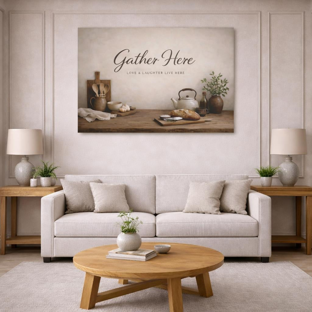 Wabi Sabi Gather Here Kitchen Quote shown as canvas wall art in a modern living room