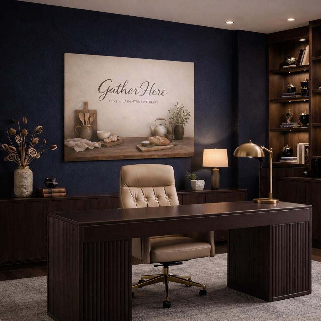 Wabi Sabi Gather Here Kitchen Quote shown as canvas wall art in an elegant contemporary kitchen