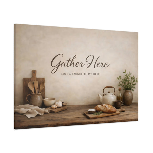 Wabi Sabi Gather Here Kitchen Quote shown as stretched canvas wall art