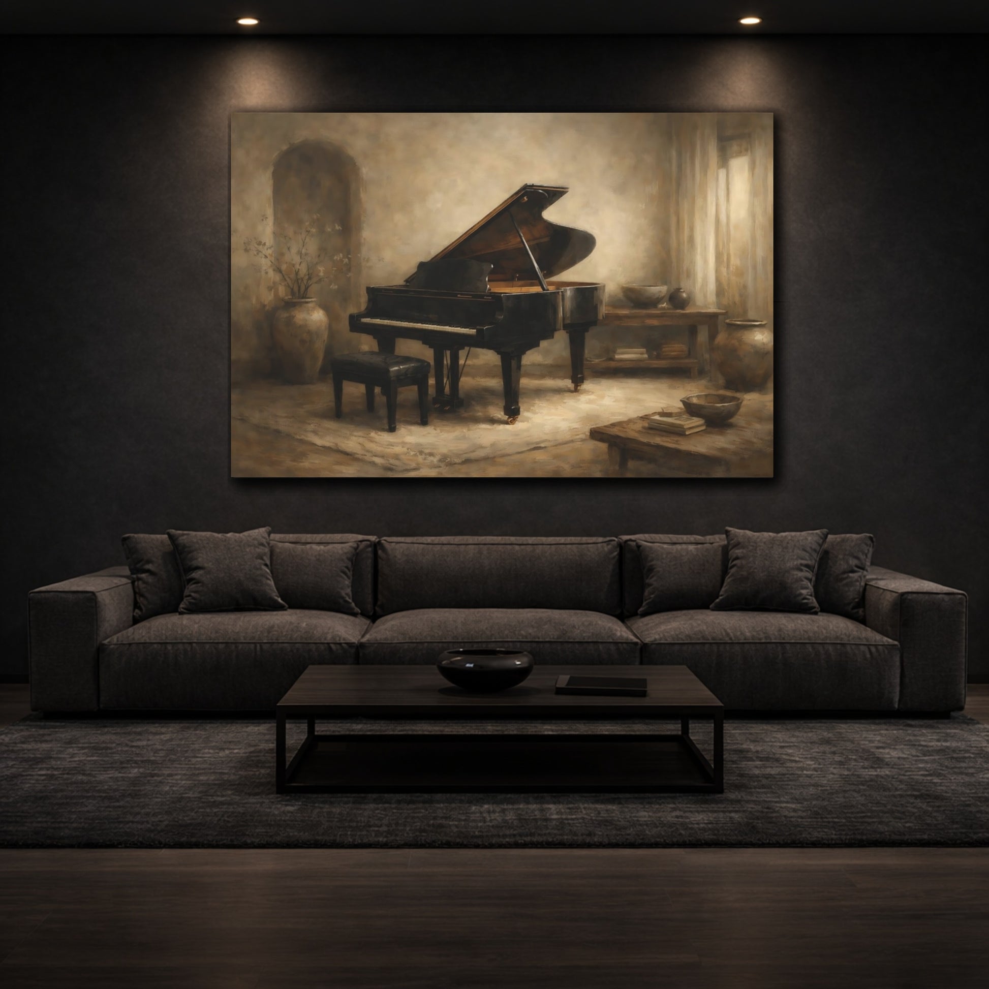 Mockup 2. Wabi Sabi Grand Piano Interior Scene shown as stretched canvas wall art