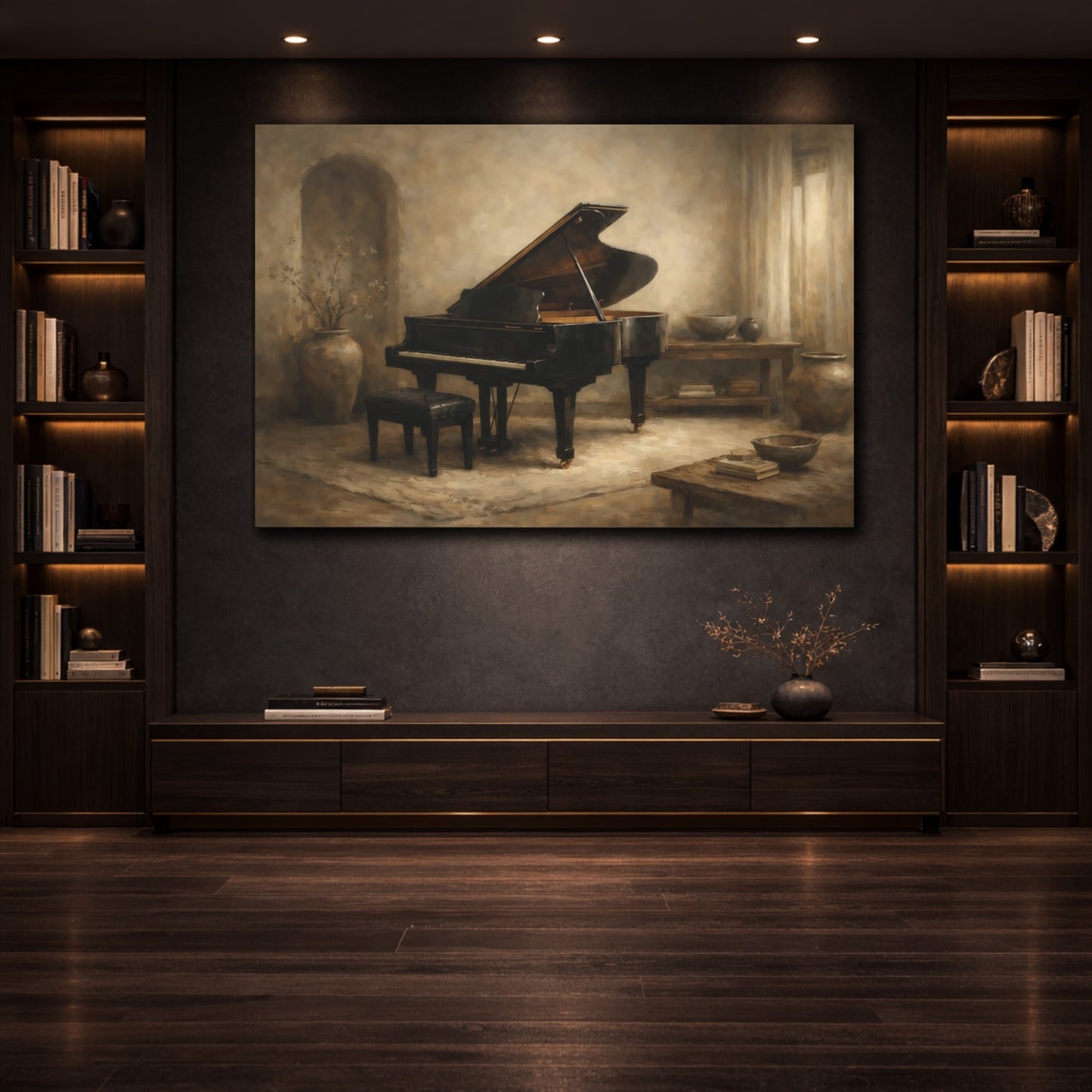 Mockup 3. Wabi Sabi Grand Piano Interior Scene shown as stretched canvas wall art