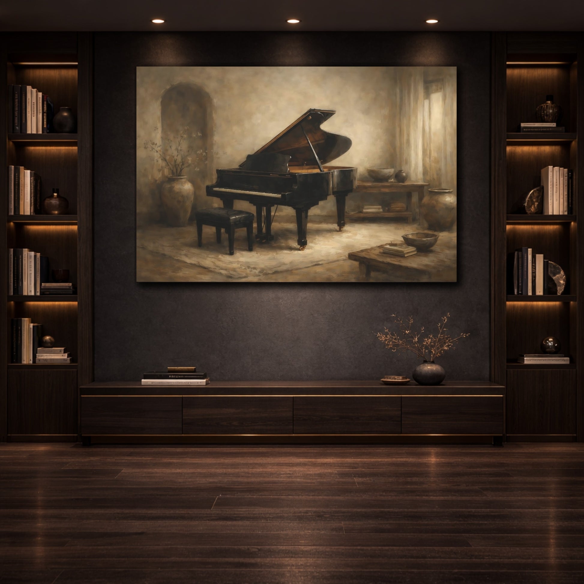 Mockup 3. Wabi Sabi Grand Piano Interior Scene shown as stretched canvas wall art