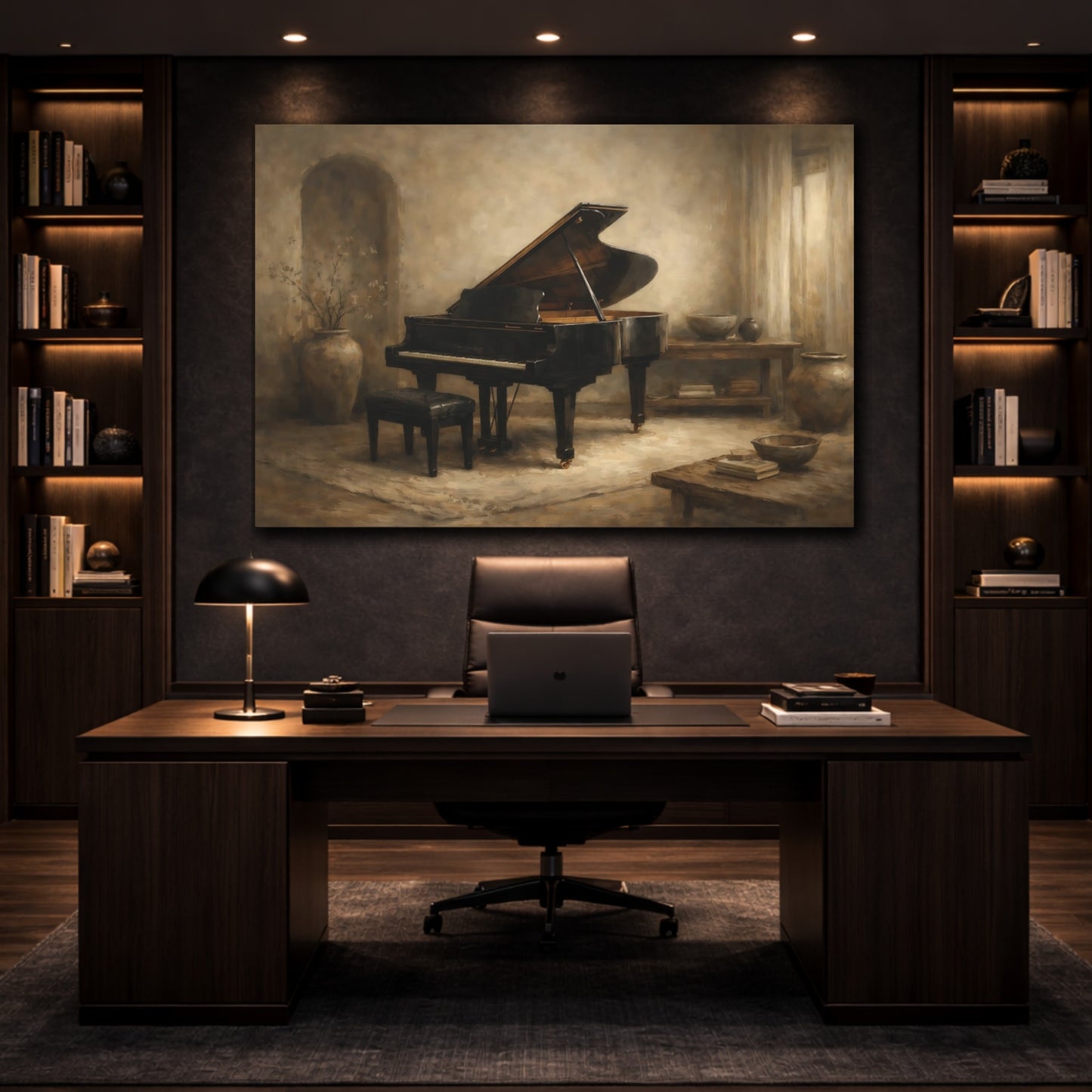 Mockup 4. Wabi Sabi Grand Piano Interior Scene shown as stretched canvas wall art