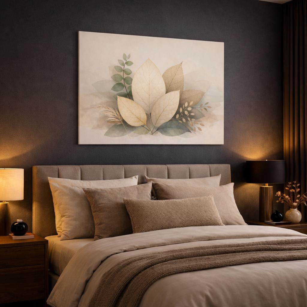 Wabi Sabi Leaves Foliage shown as canvas wall art in a luxury bedroom
