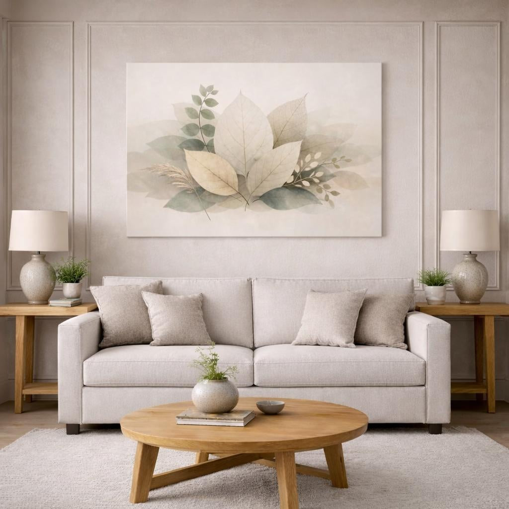 Wabi Sabi Leaves Foliage shown as canvas wall art in a modern living room