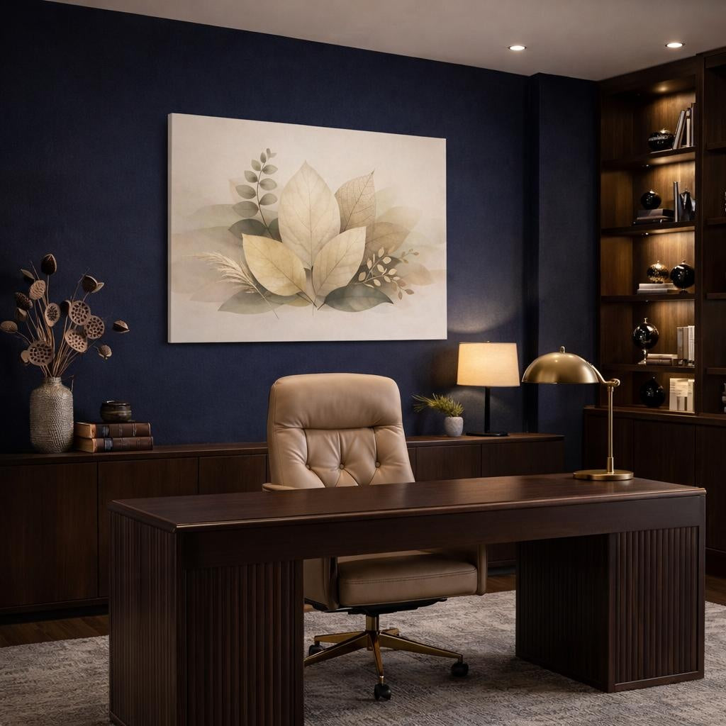 Wabi Sabi Leaves Foliage shown as canvas wall art in a refined dining room