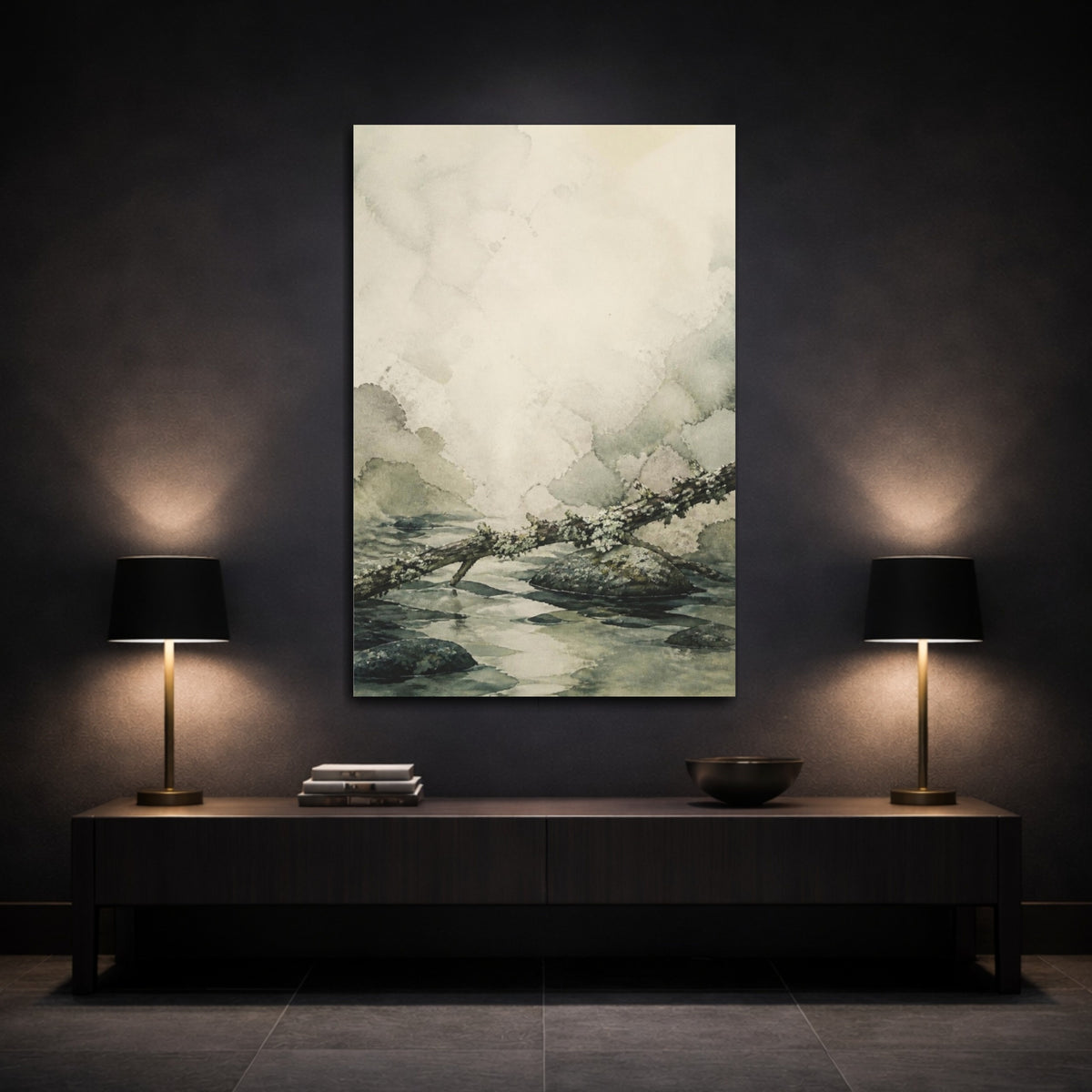 Mockup 3. Wabi Sabi Lichen Branch shown as canvas print