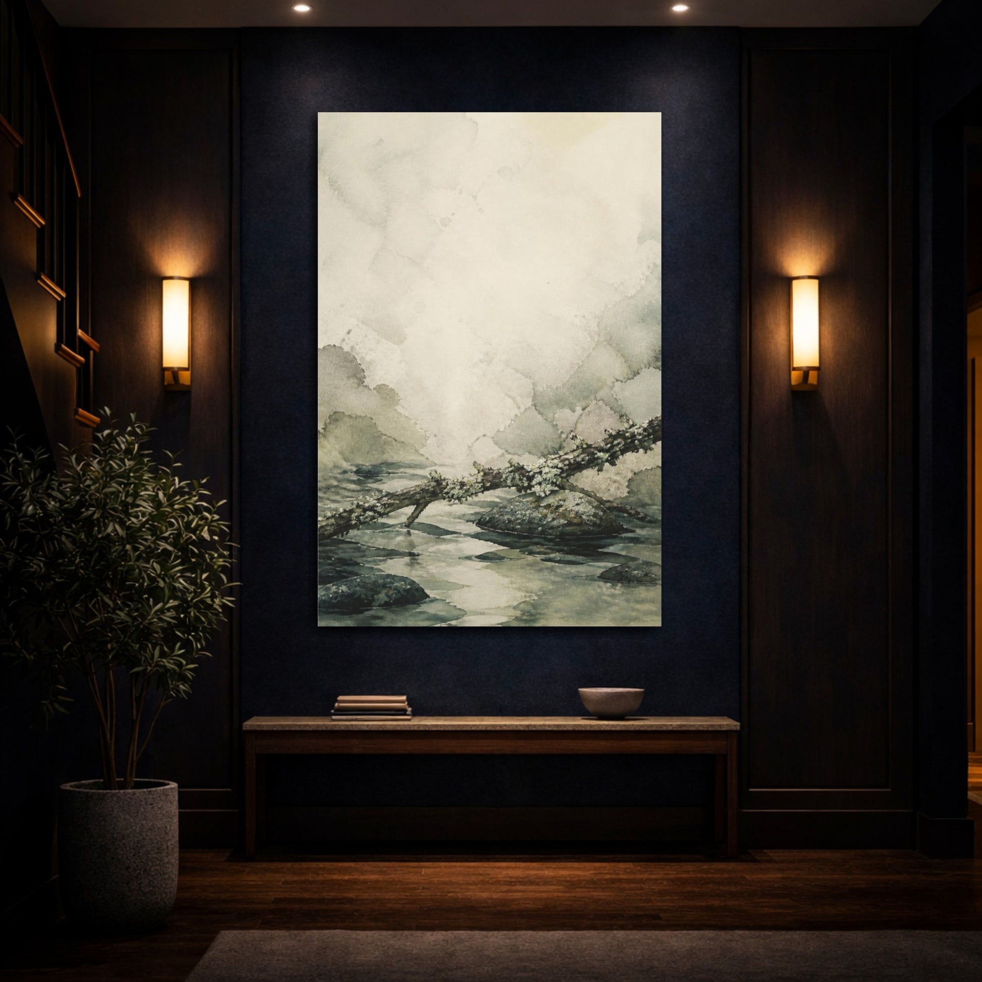 Mockup 4. Wabi Sabi Lichen Branch shown as canvas print