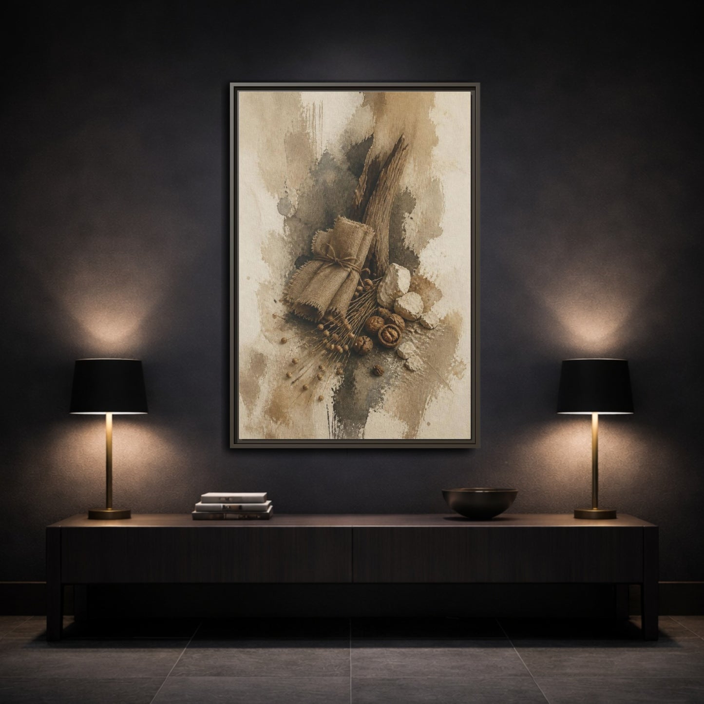 Mockup 3. Wabi Sabi Linen & Driftwood shown as framed canvas print