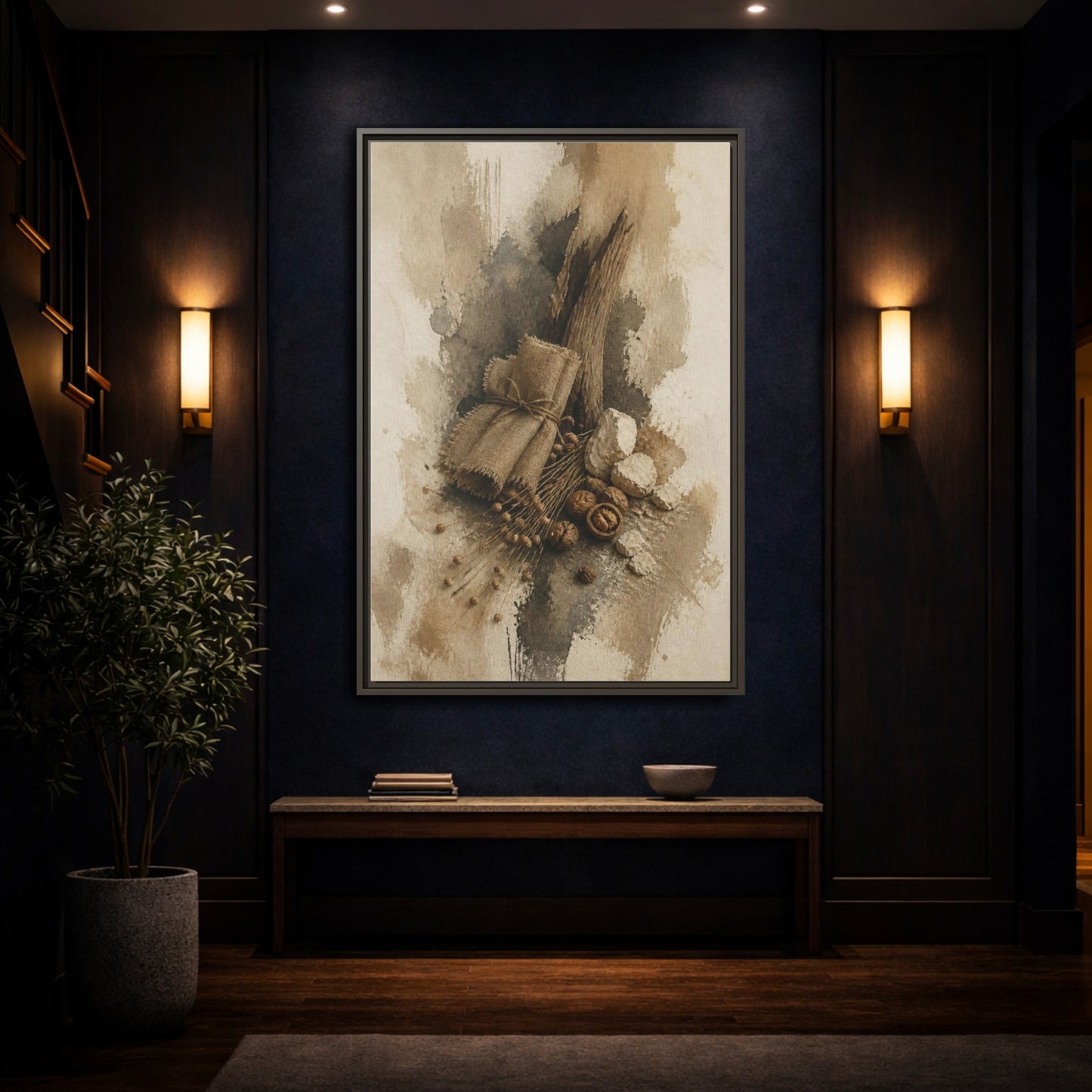 Mockup 4. Wabi Sabi Linen & Driftwood shown as framed canvas print