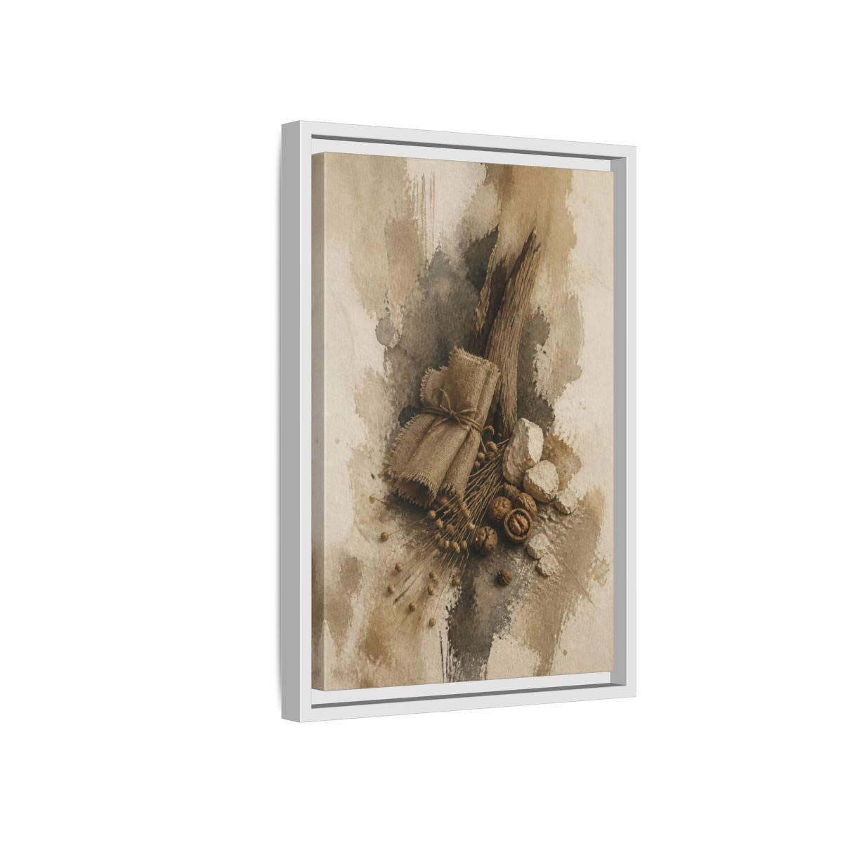 Side Mockup 4. Wabi Sabi Linen & Driftwood shown as framed canvas print