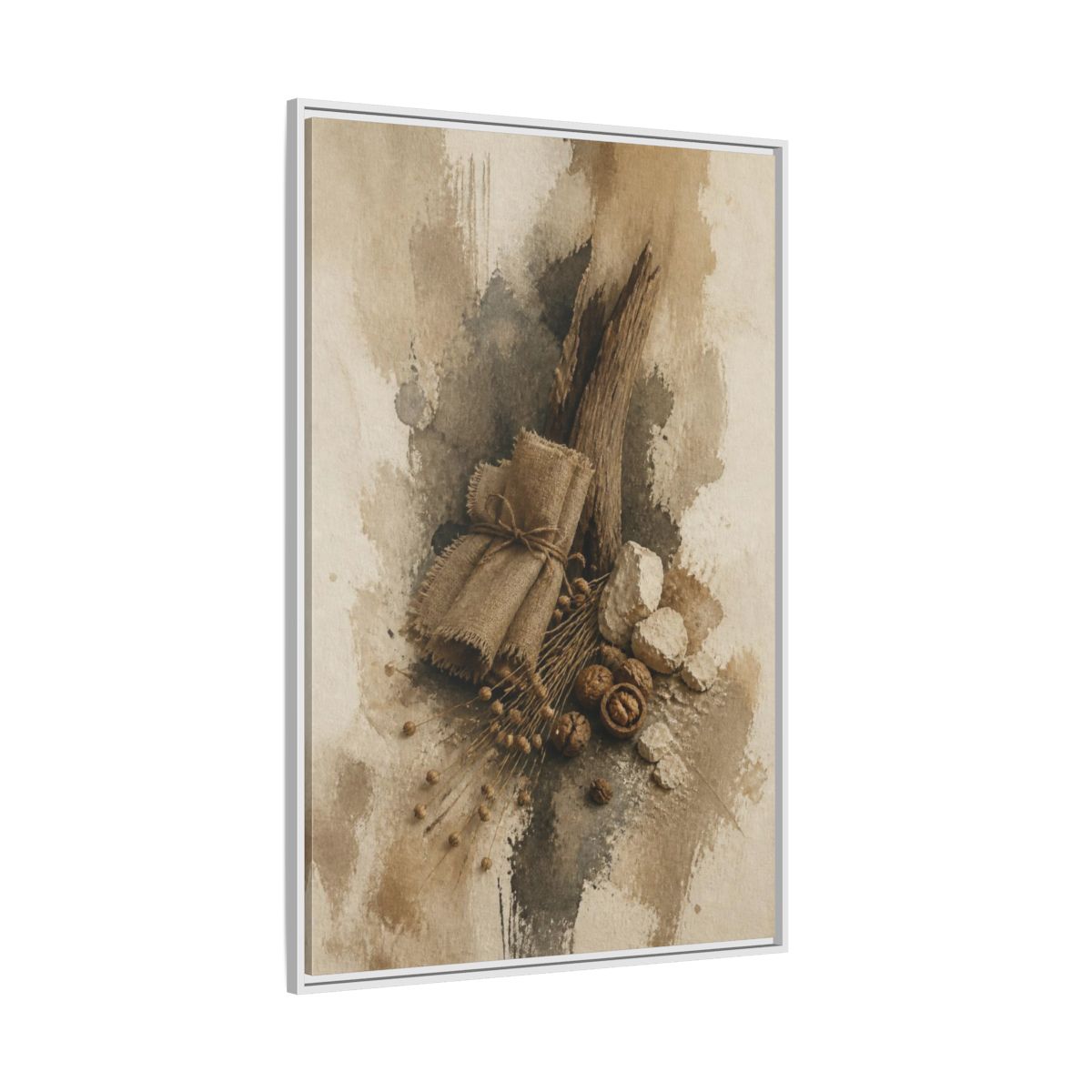 Side Mockup 7. Wabi Sabi Linen & Driftwood shown as framed canvas print