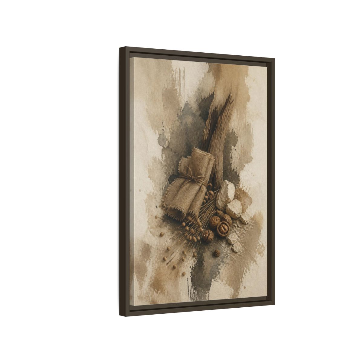 Side Mockup 2. Wabi Sabi Linen & Driftwood shown as framed canvas print