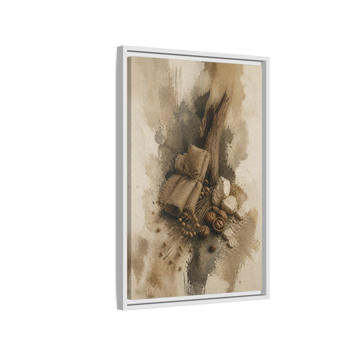 Side Mockup 1. Wabi Sabi Linen & Driftwood shown as framed canvas print