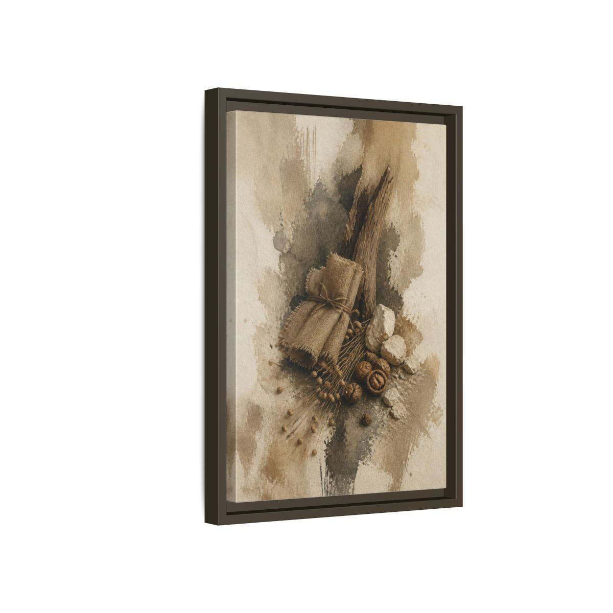 Side Mockup 5. Wabi Sabi Linen & Driftwood shown as framed canvas print