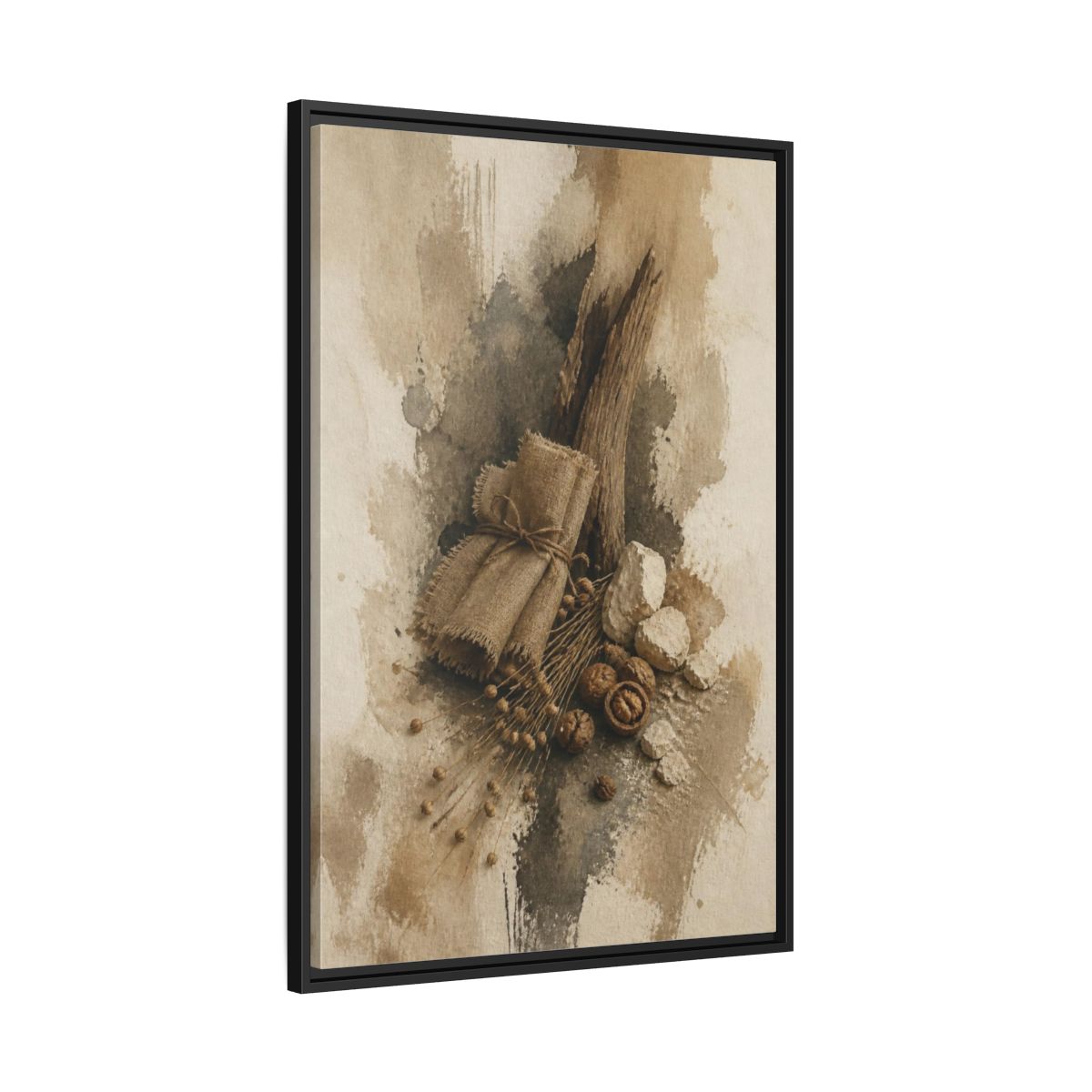 Side Mockup 13. Wabi Sabi Linen & Driftwood shown as framed canvas print