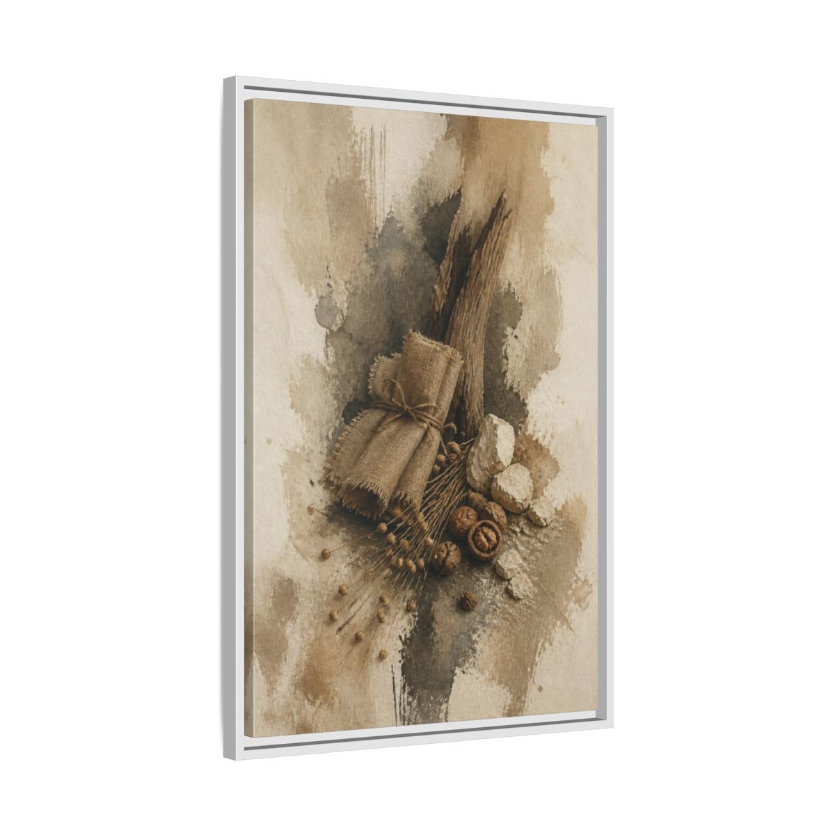 Side Mockup 10. Wabi Sabi Linen & Driftwood shown as framed canvas print