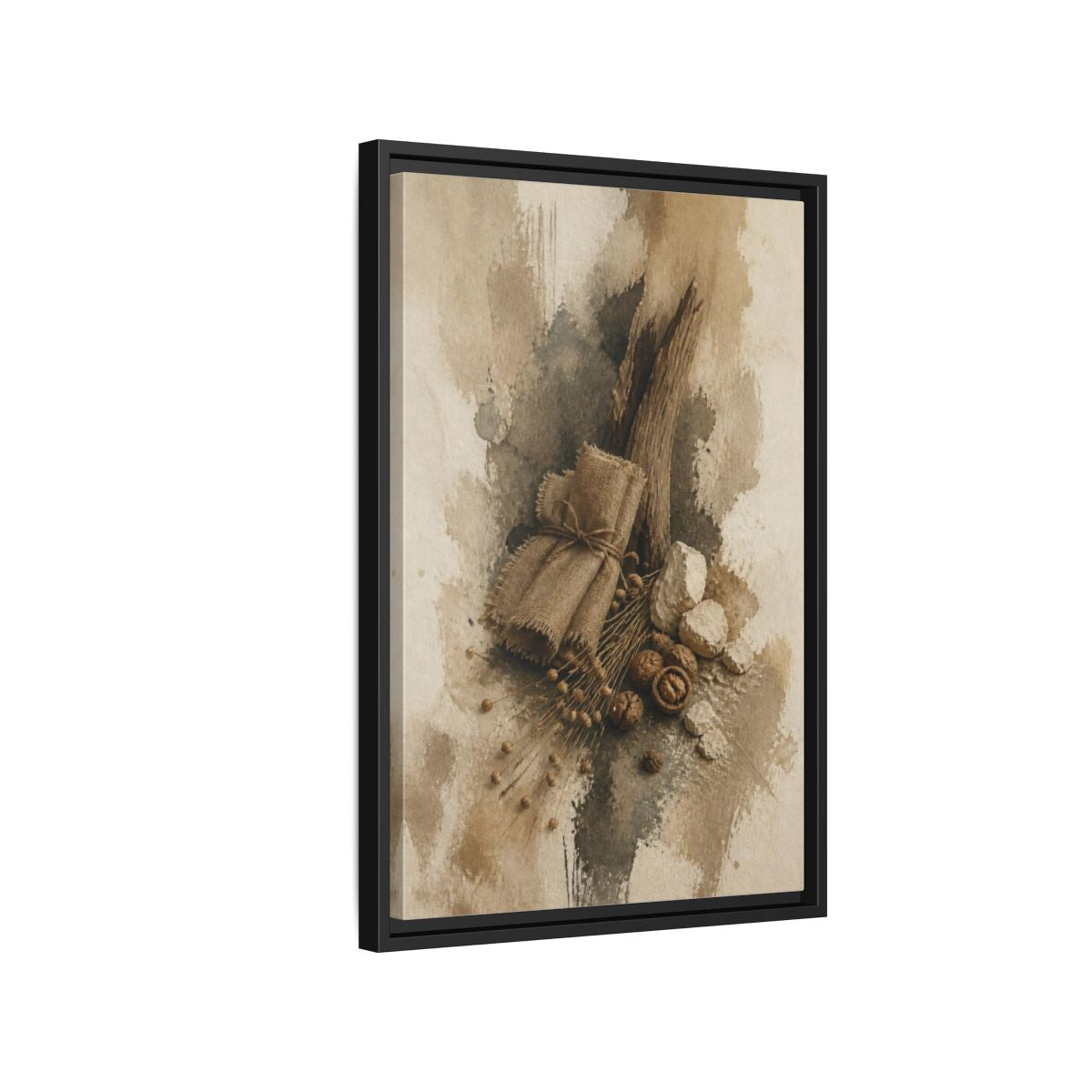 Side Mockup 3. Wabi Sabi Linen & Driftwood shown as framed canvas print