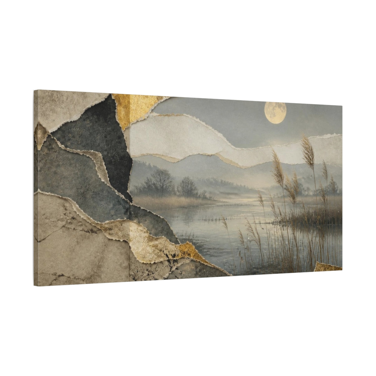 Main Mockup. Wabi Sabi Moonlit Pond shown as canvas print