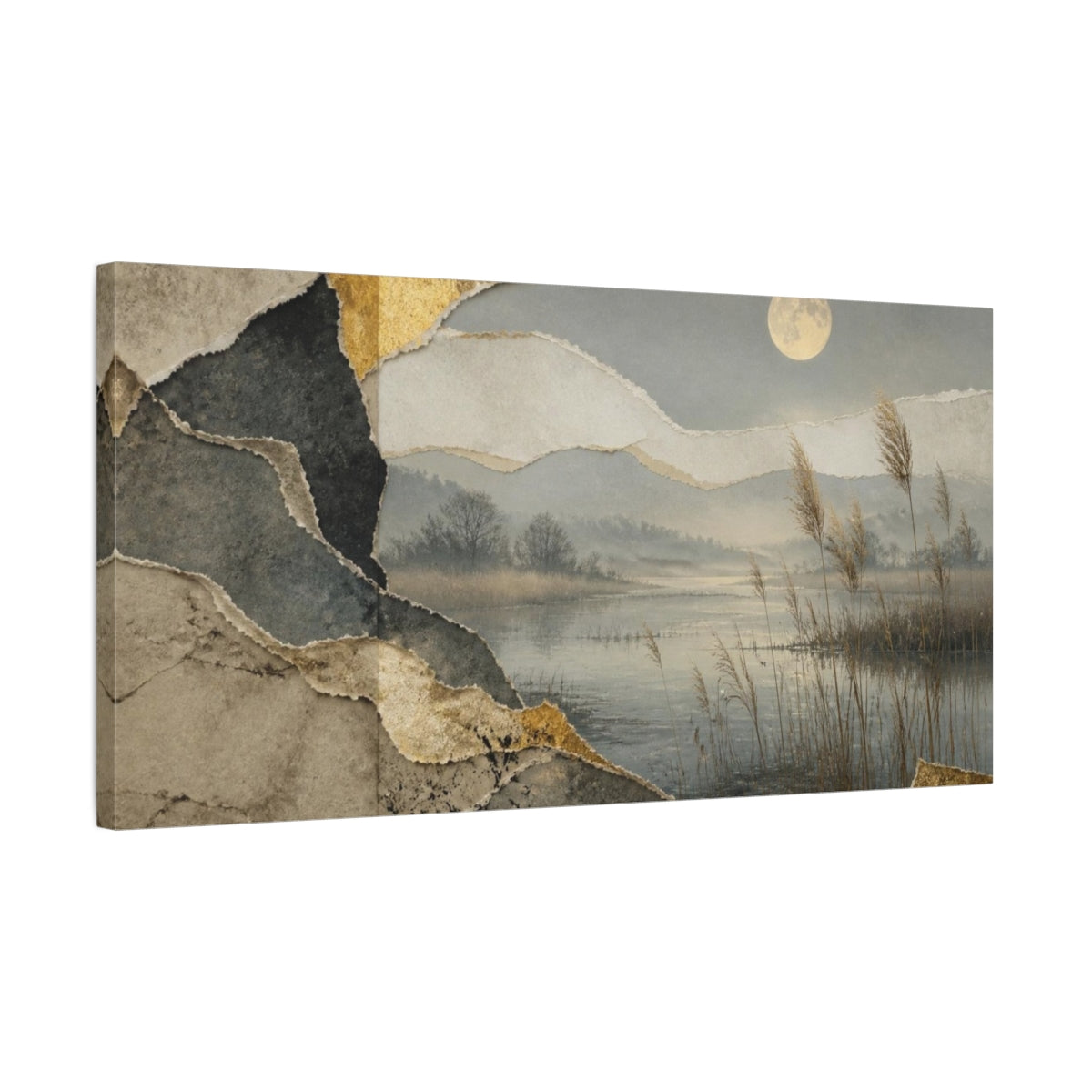 Side Mockup 1. Wabi Sabi Moonlit Pond shown as canvas print