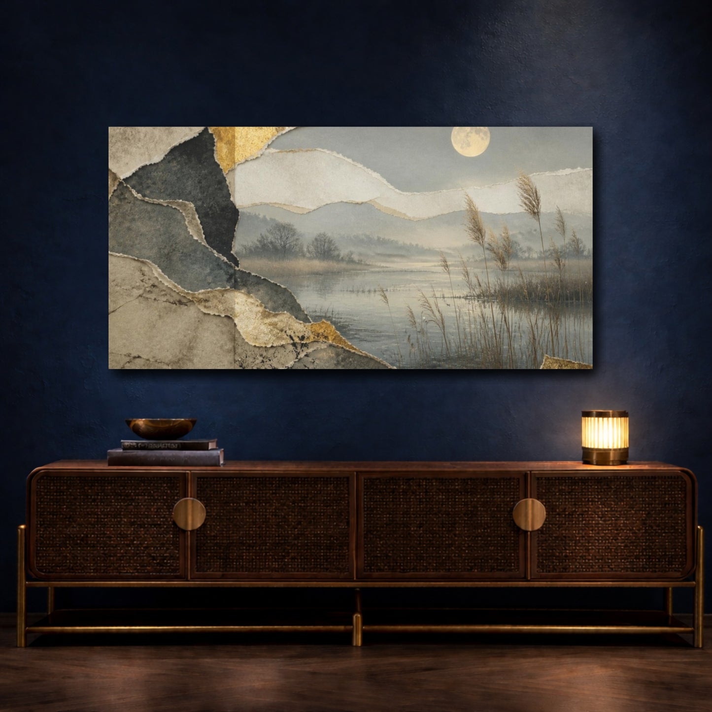 Mockup 4. Wabi Sabi Moonlit Pond shown as canvas print
