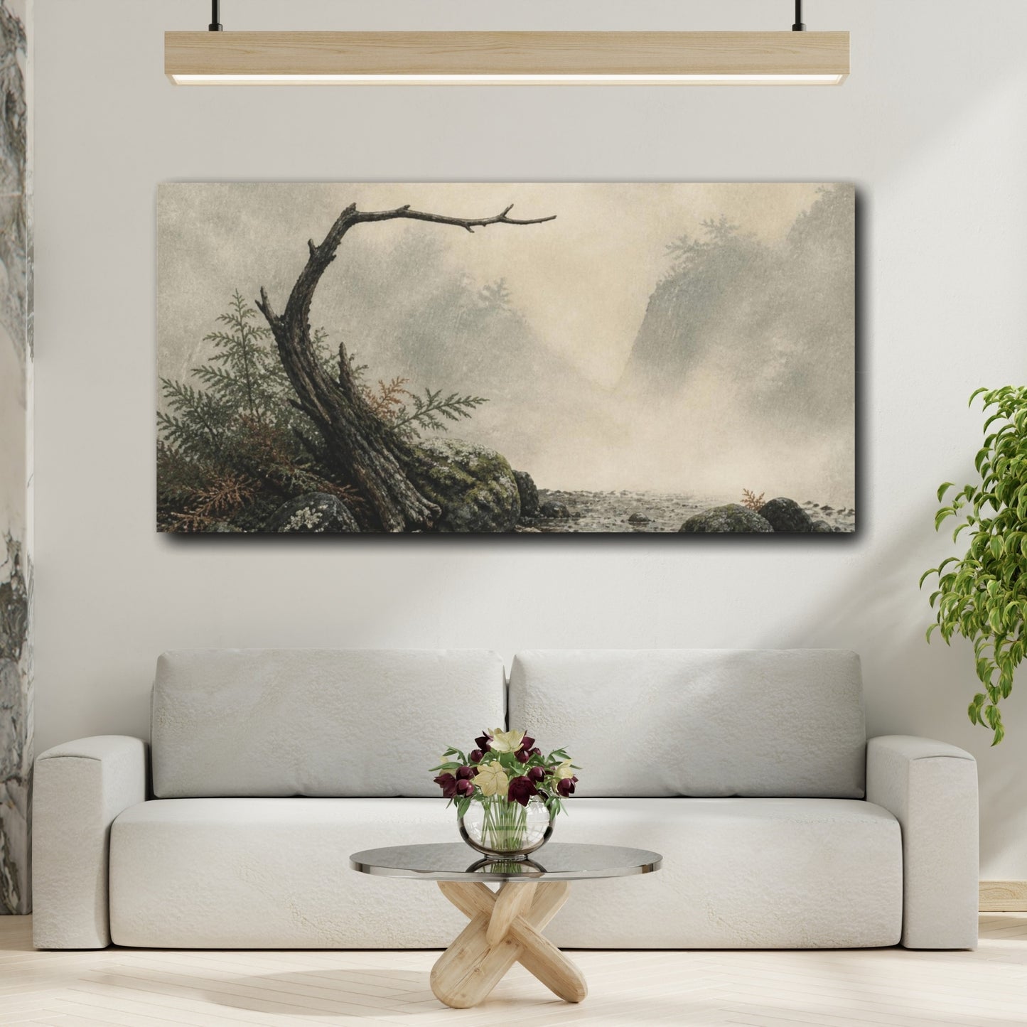 Mockup 2. Wabi Sabi Mossy Branch shown as canvas print