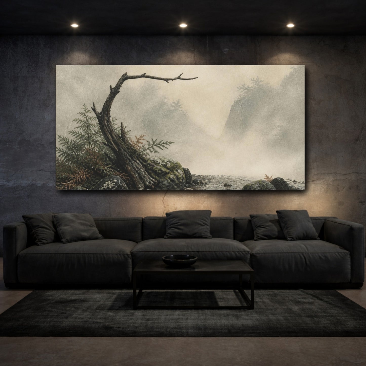 Mockup 3. Wabi Sabi Mossy Branch shown as canvas print