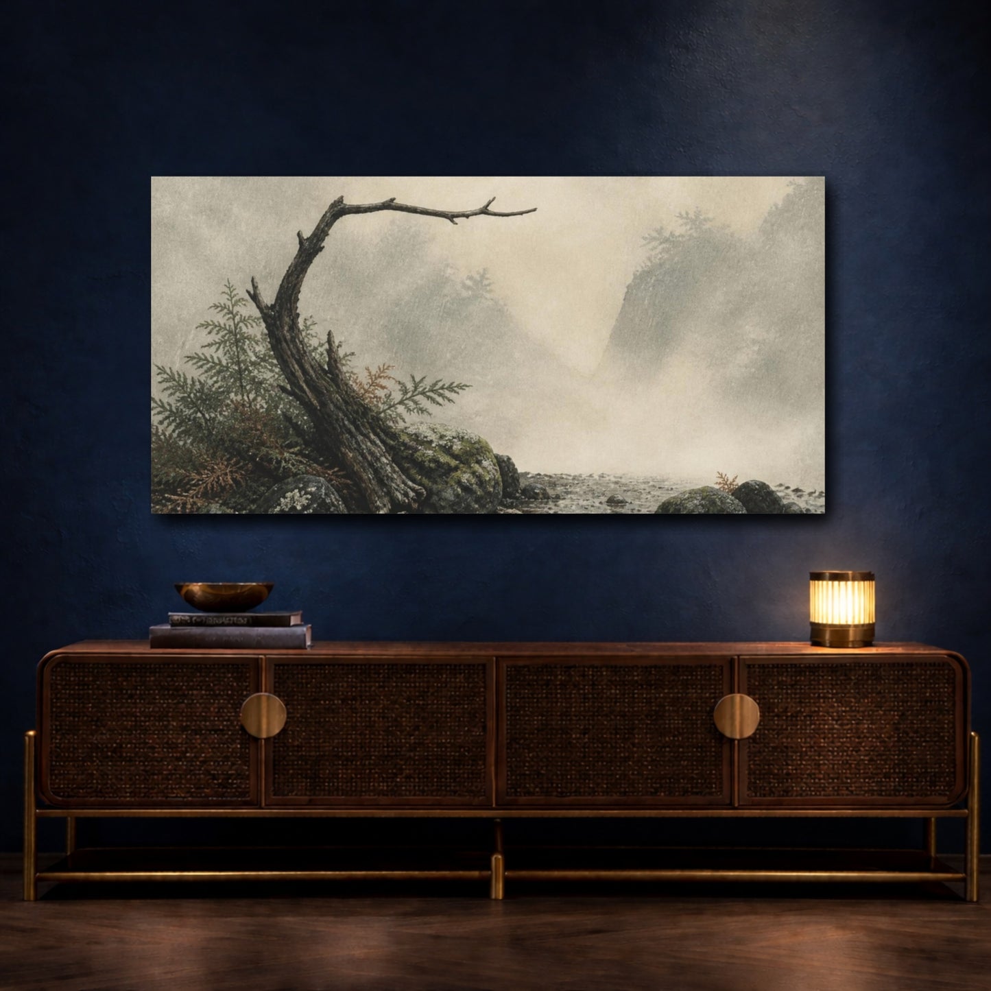 Mockup 4. Wabi Sabi Mossy Branch shown as canvas print