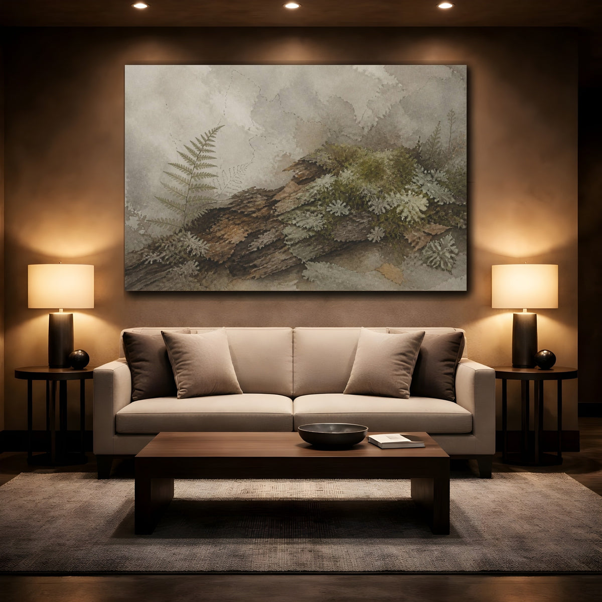 Mockup 2. Wabi Sabi Mossy Log shown as canvas print