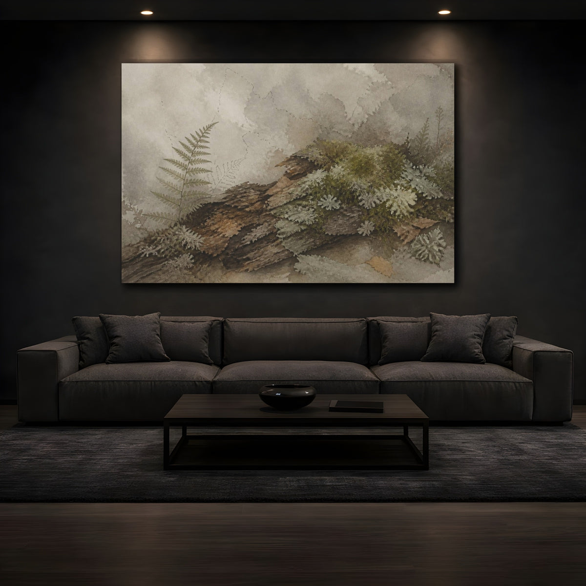 Mockup 3. Wabi Sabi Mossy Log shown as canvas print