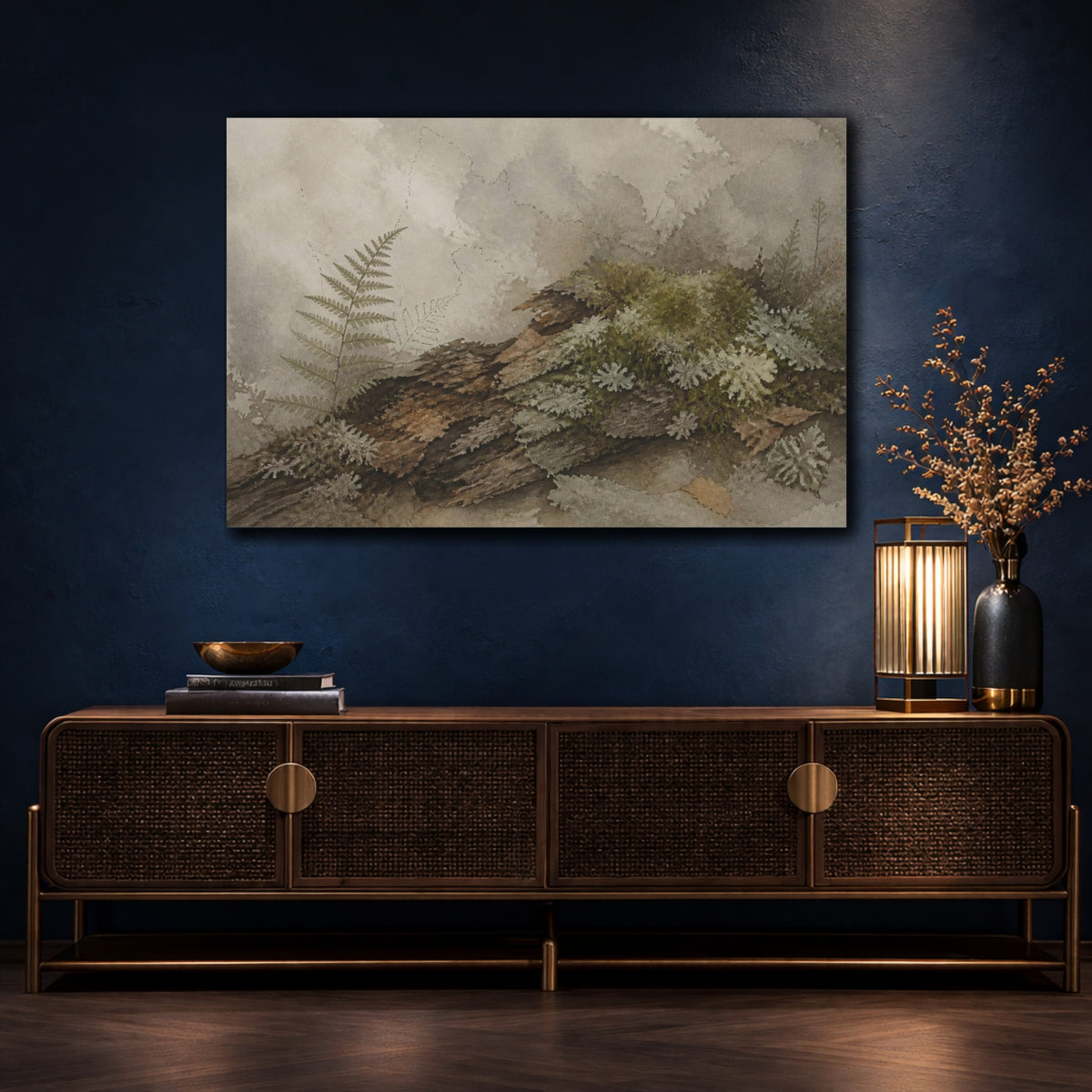 Mockup 4. Wabi Sabi Mossy Log shown as canvas print
