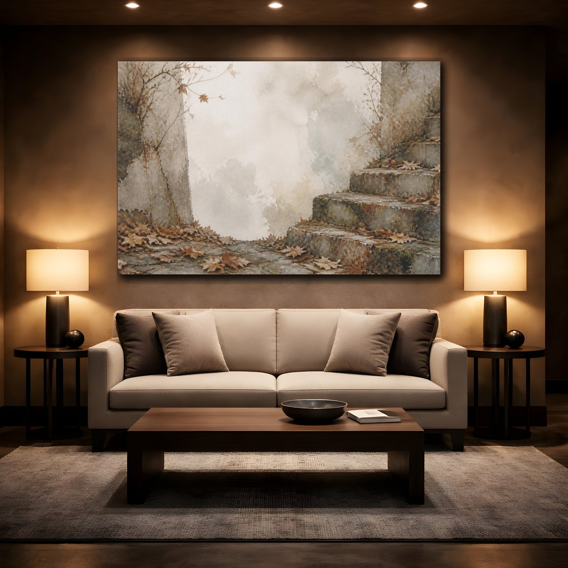 Mockup 2. Wabi Sabi Mossy Steps shown as canvas print