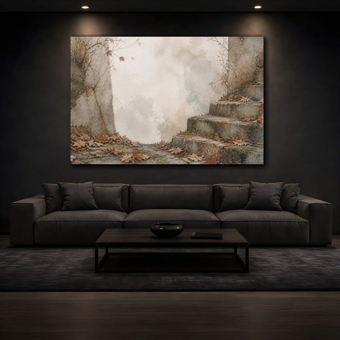Mockup 3. Wabi Sabi Mossy Steps shown as canvas print