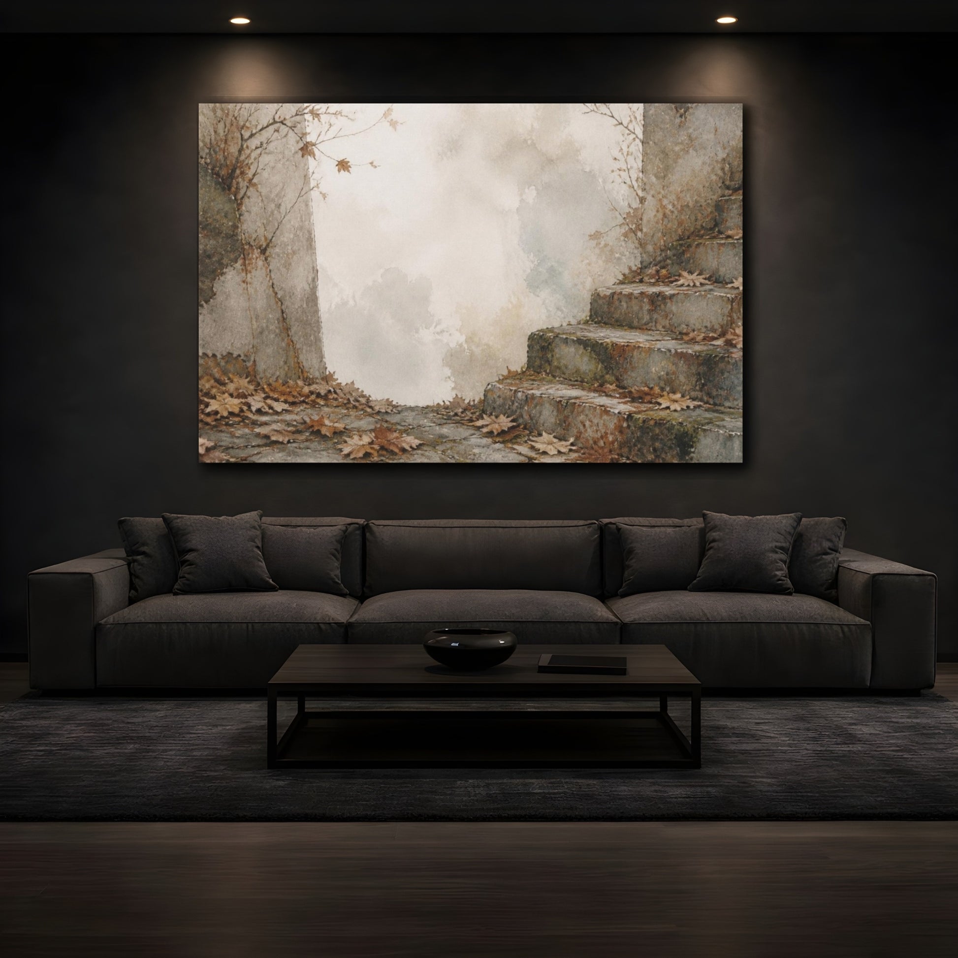Mockup 3. Wabi Sabi Mossy Steps shown as canvas print