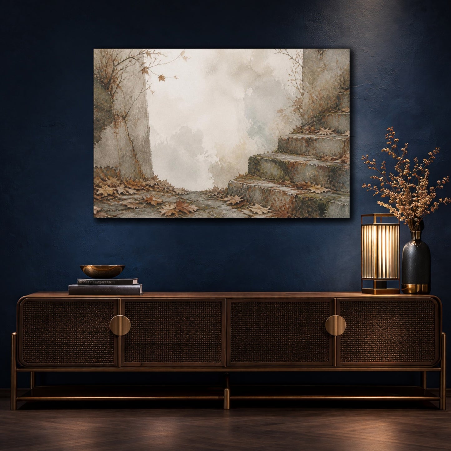 Mockup 4. Wabi Sabi Mossy Steps shown as canvas print